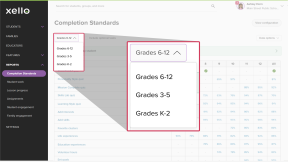 Educator account in Xello. The Completion Standards report page is open. The grade range dropdown is open. 